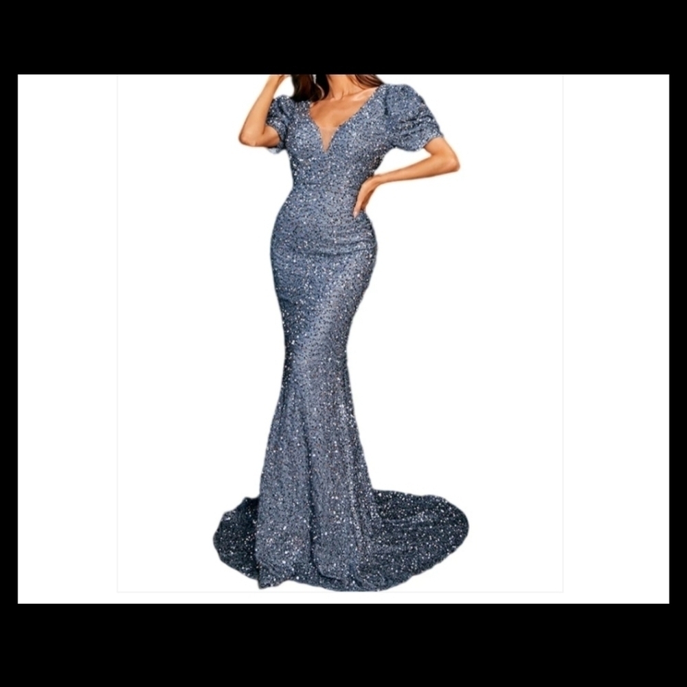 Dusty Blue, Puff Sleeve,  Big Bow, Contrast Sequined and Mesh Mermaid Gown - Picture 2 of 14
